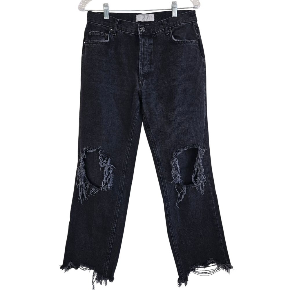 Free People Sz 27 Maggie Straight Leg Distressed Cropped Frayed Black Jeans